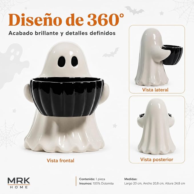 Dulcero de Fantasma MRK HOME de Dolomita, Decoración de Halloween con Tazón Negro para Dulces