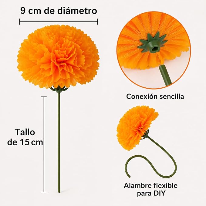 61w5xC0lvvL._AC_SX679_ 60pcs Cempasúchil de Día de los Muertos 9cm con 60 Tallos